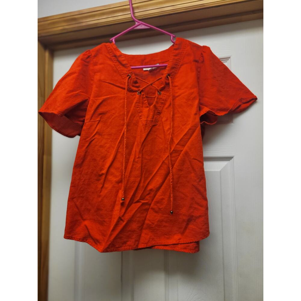 Knox Rose Orange Lace Up Peasant Top Short Sleeve Medium Boho Cotton